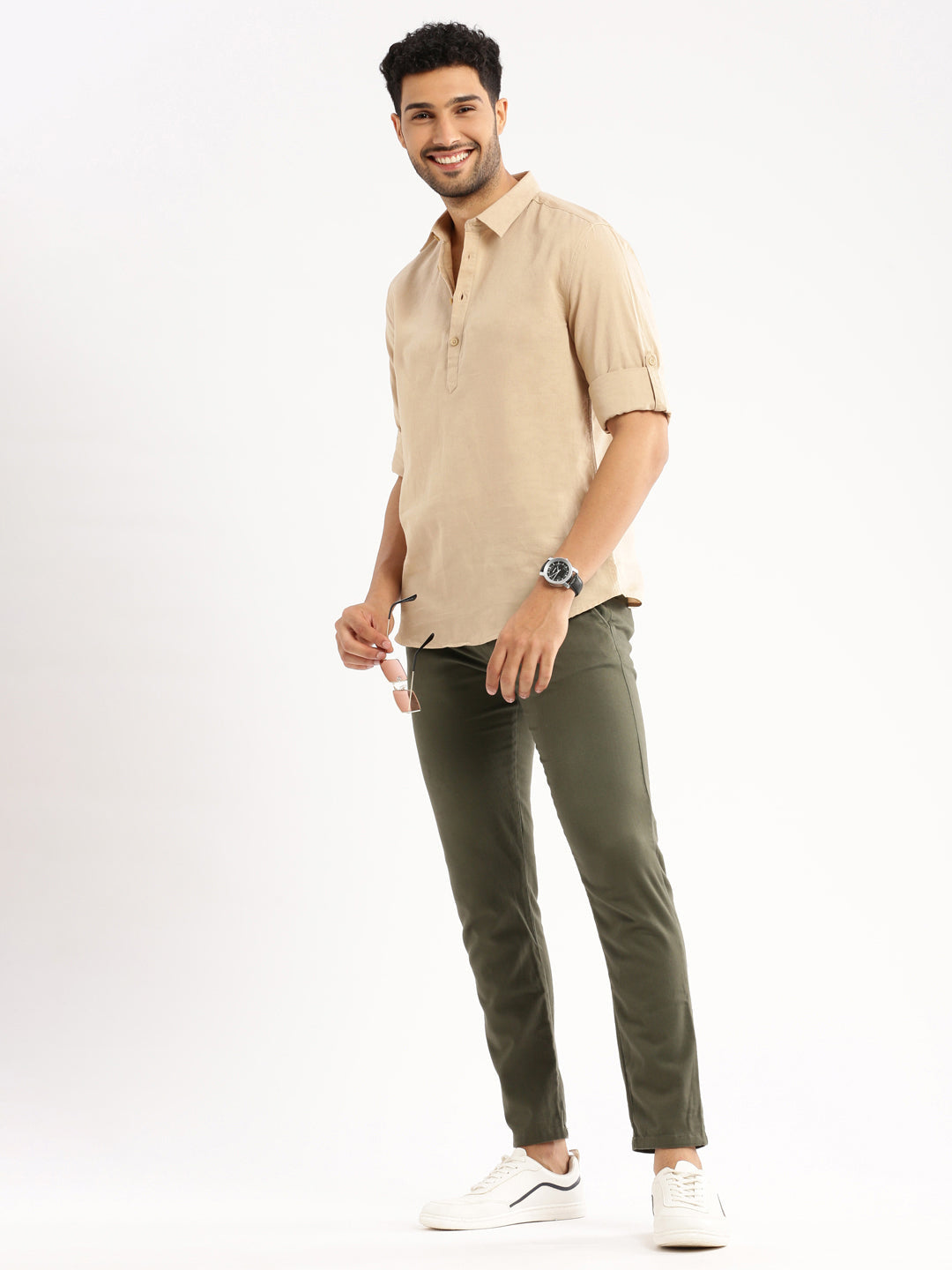 Men's Beige Solid Shirt Collar Casual Short Shirt