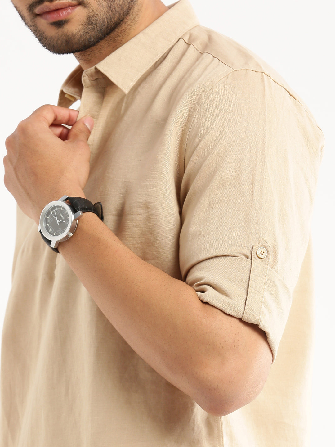 Men's Beige Solid Shirt Collar Casual Short Shirt