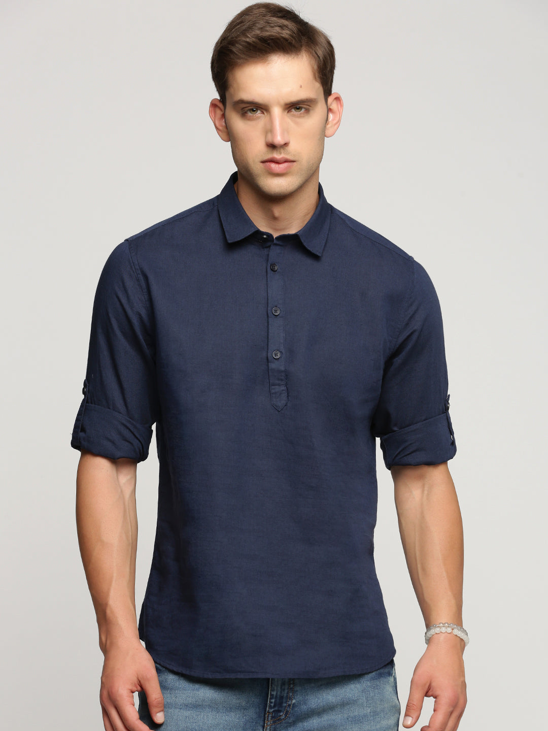 Men Navy Blue Solid Shirt Collar Casual Short Kurta