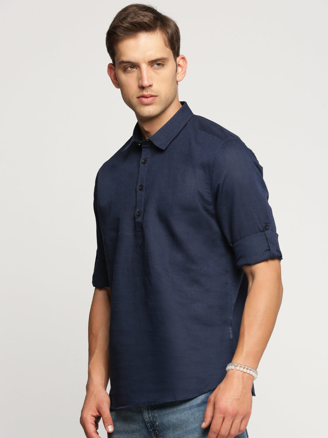 Men Navy Blue Solid Shirt Collar Casual Short Kurta