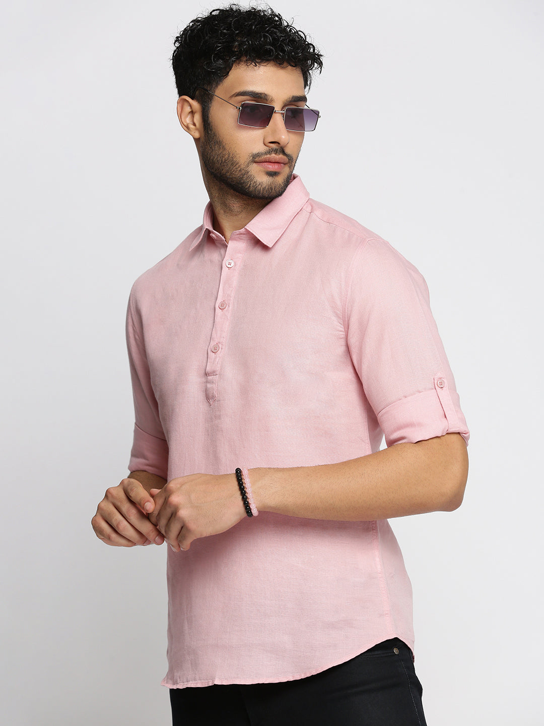 Men Pink Solid Shirt Collar Casual Short Kurta