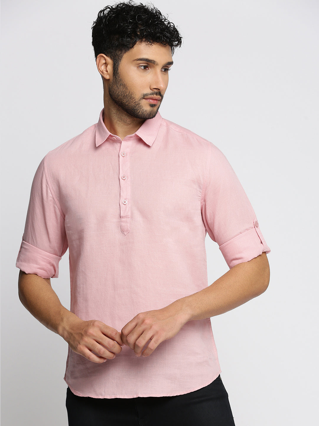 Men Pink Solid Shirt Collar Casual Short Kurta