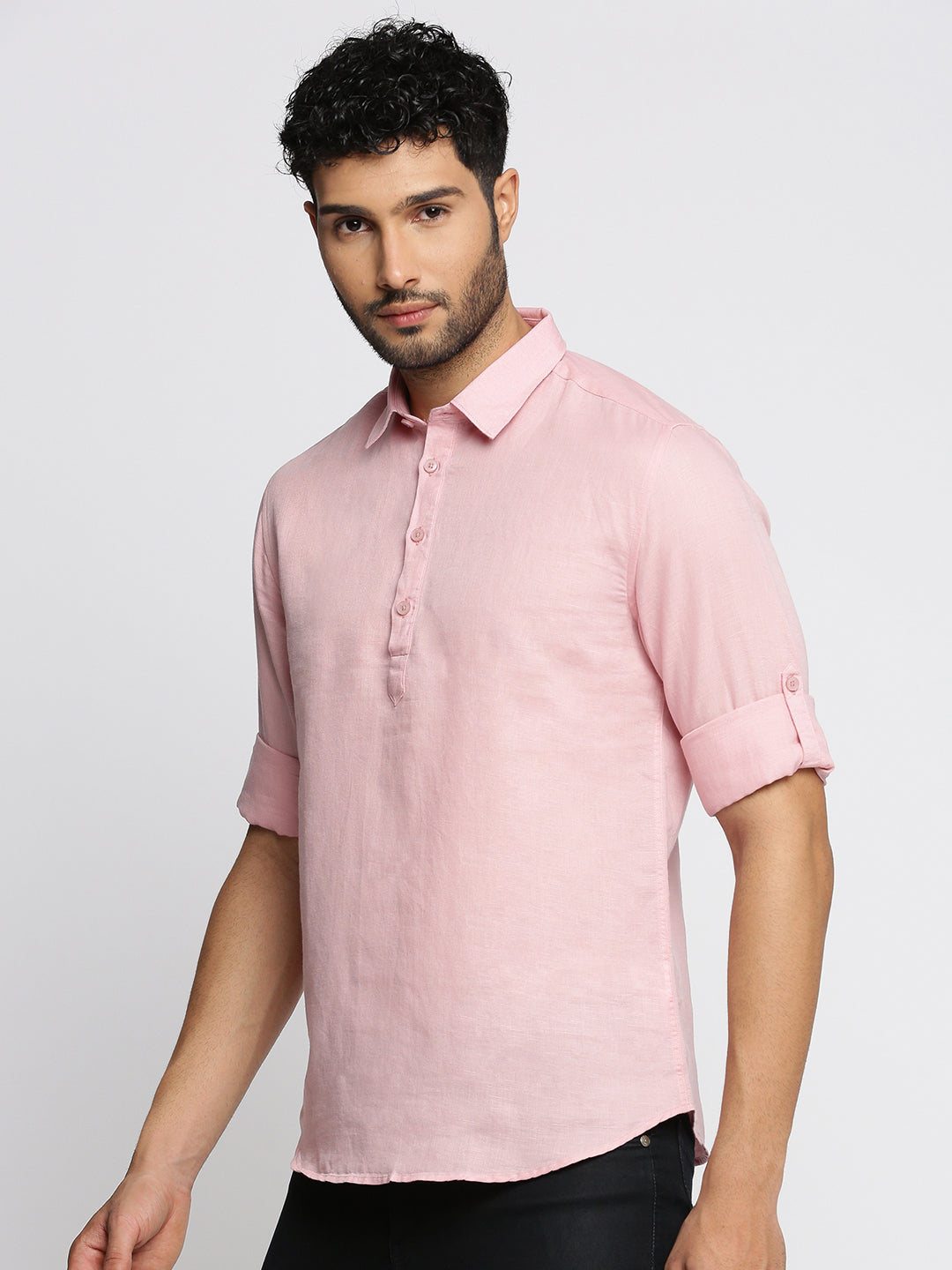 Men Pink Solid Shirt Collar Casual Short Kurta