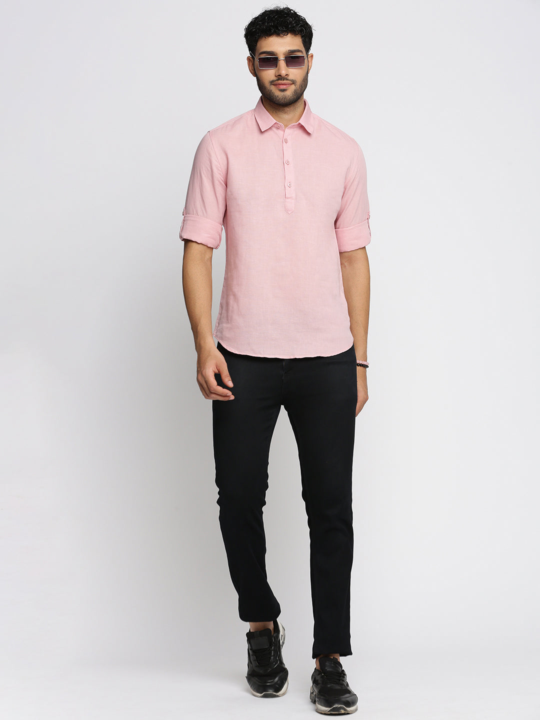 Men Pink Solid Shirt Collar Casual Short Kurta