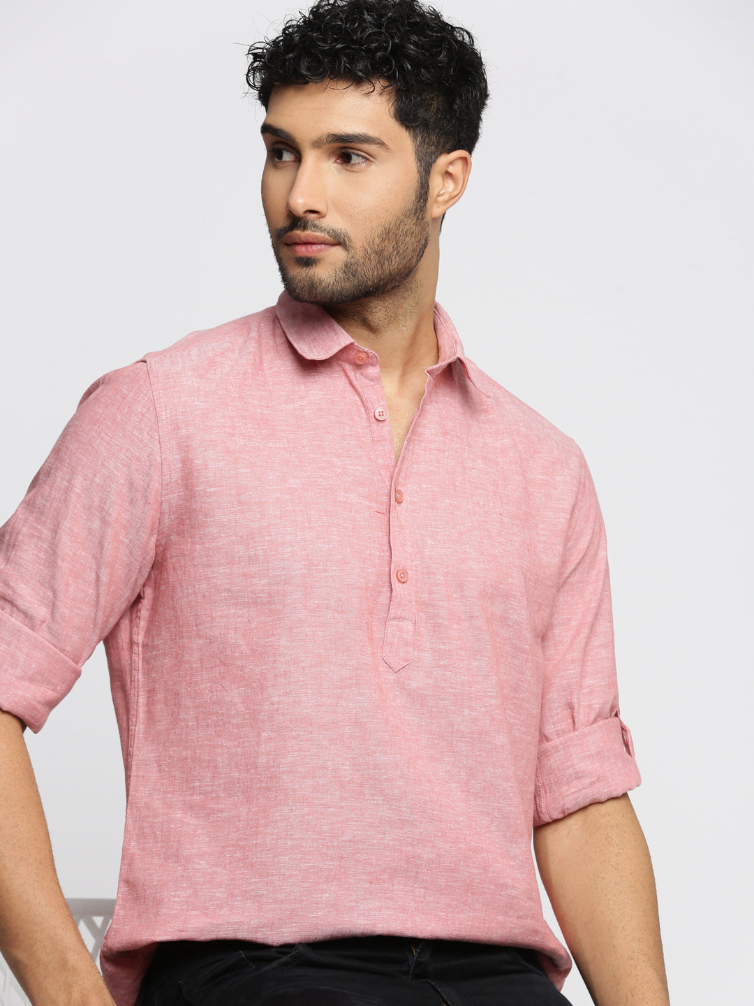 Men Red Solid Shirt Collar Casual Short Kurta