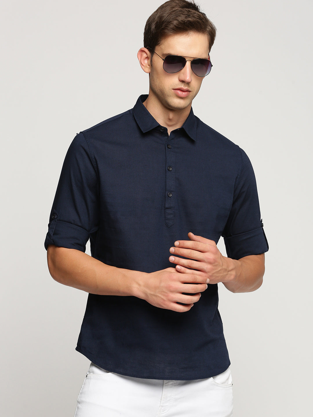 Men's Navy Blue Shirt Collar Roll-Up Sleeves Casual Shirt