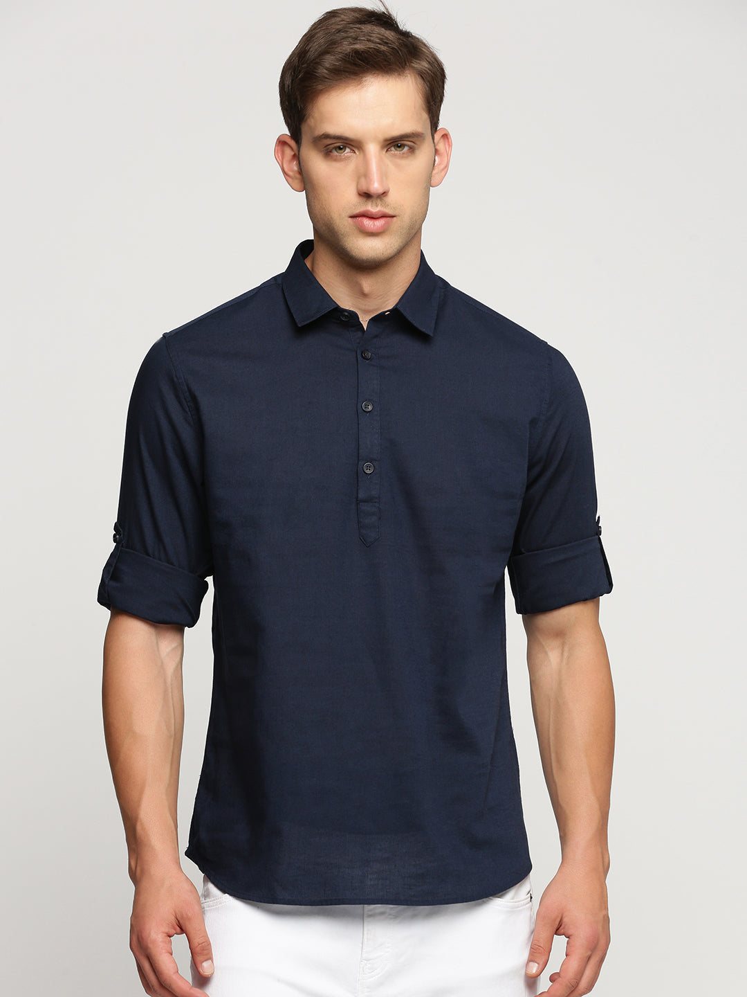 Men's Navy Blue Shirt Collar Roll-Up Sleeves Casual Shirt