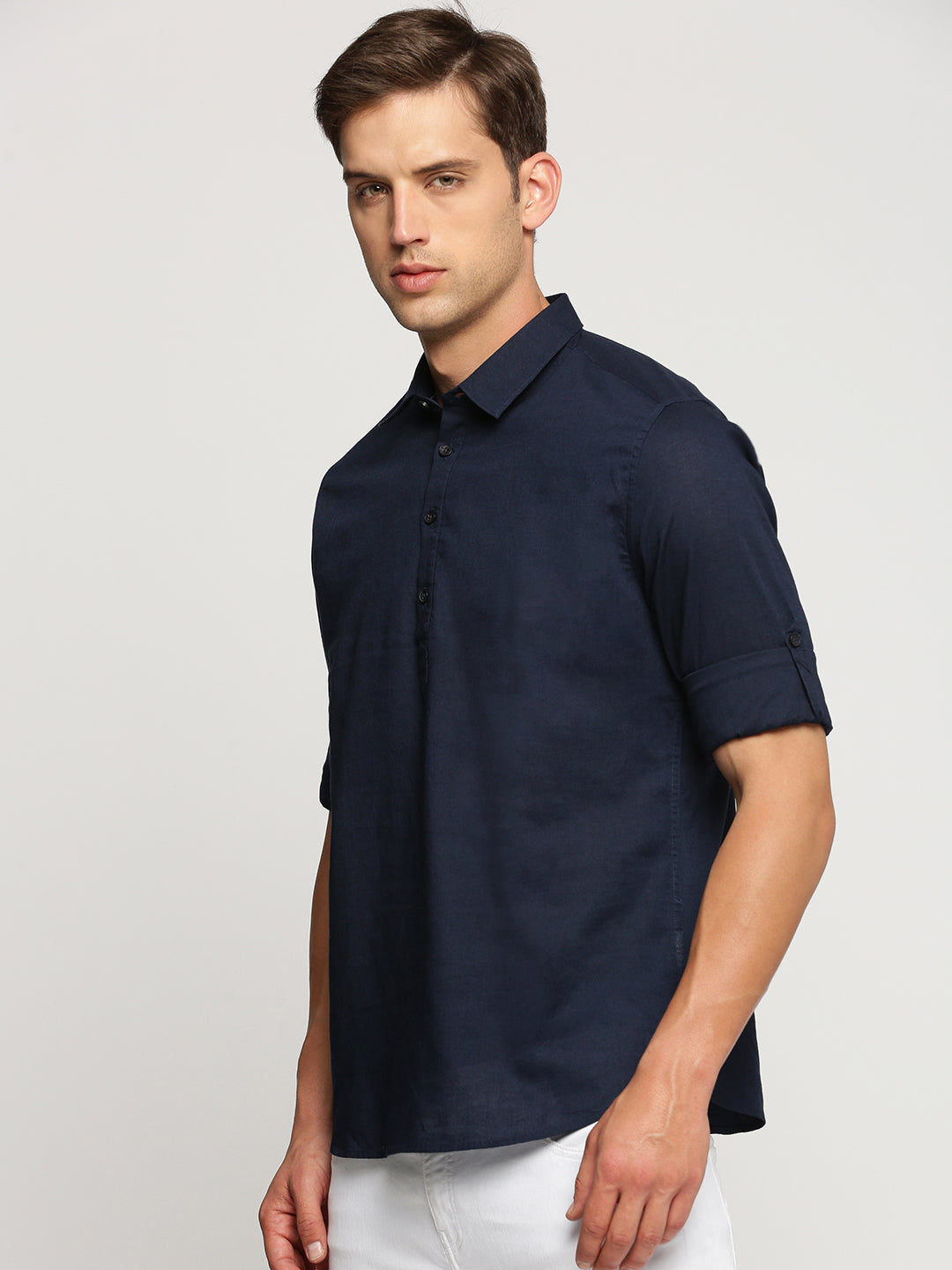 Men's Navy Blue Shirt Collar Roll-Up Sleeves Casual Shirt