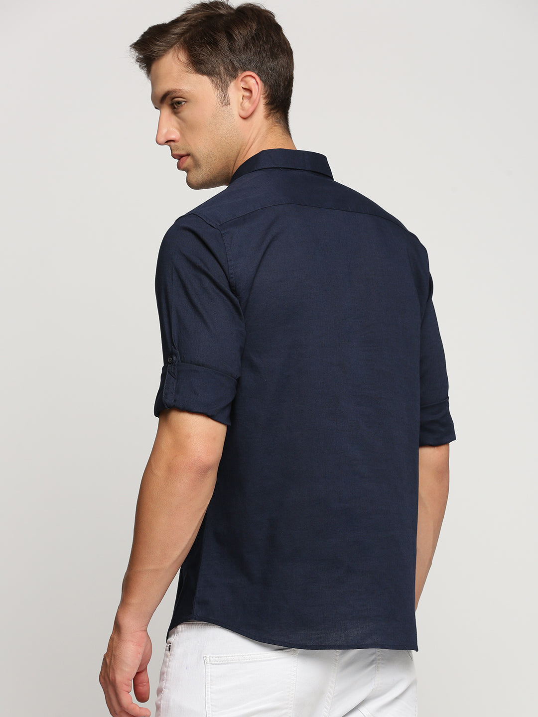 Men's Navy Blue Shirt Collar Roll-Up Sleeves Casual Shirt
