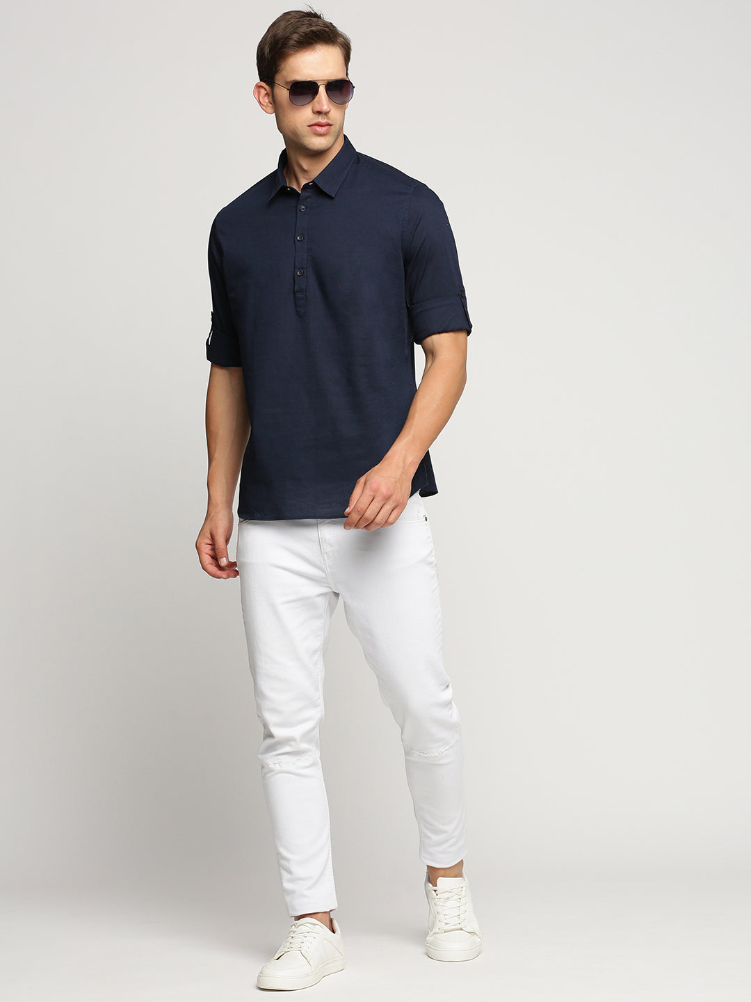 Men's Navy Blue Shirt Collar Roll-Up Sleeves Casual Shirt