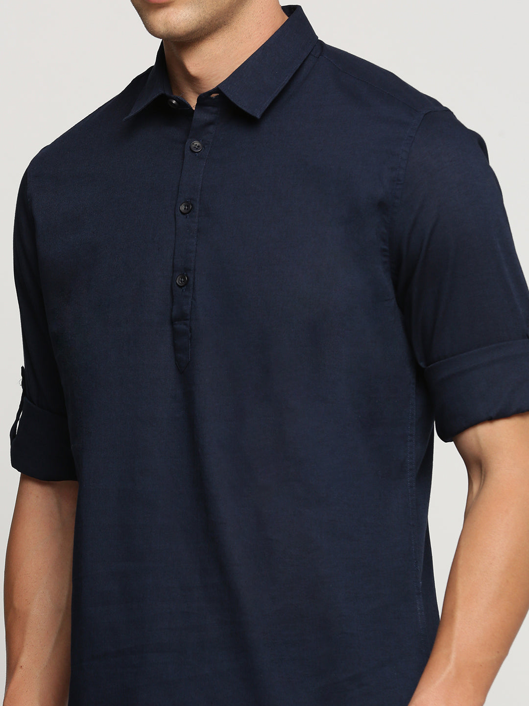Men's Navy Blue Shirt Collar Roll-Up Sleeves Casual Shirt