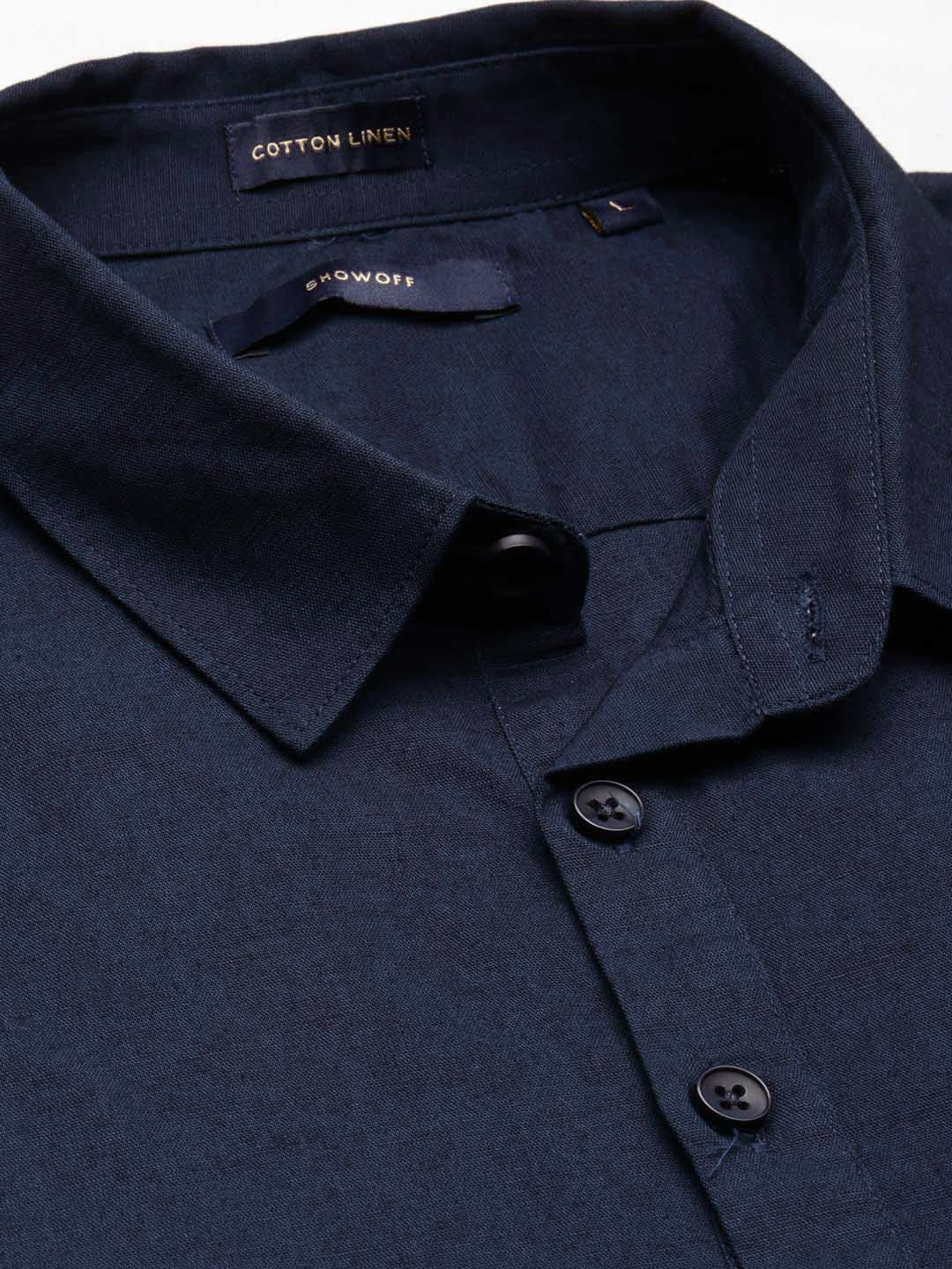 Men's Navy Blue Shirt Collar Roll-Up Sleeves Casual Shirt