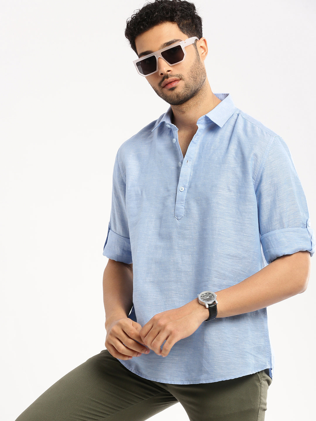 Men's Blue Solid Shirt Collar Casual Short Shirt