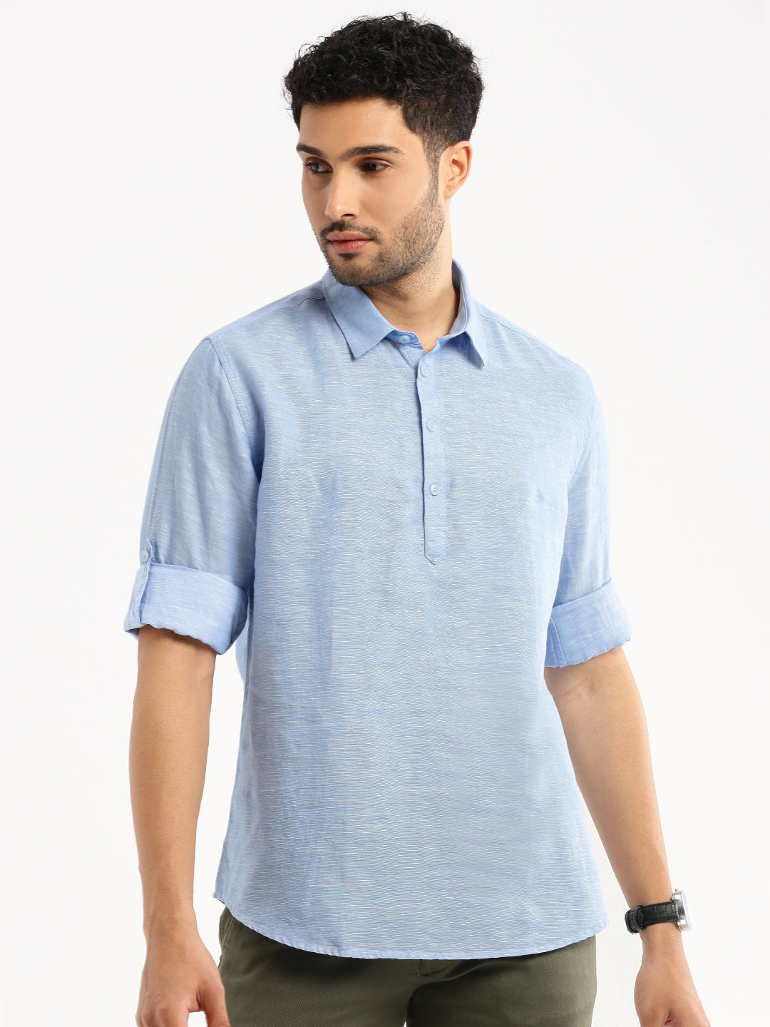 Men's Blue Solid Shirt Collar Casual Short Shirt