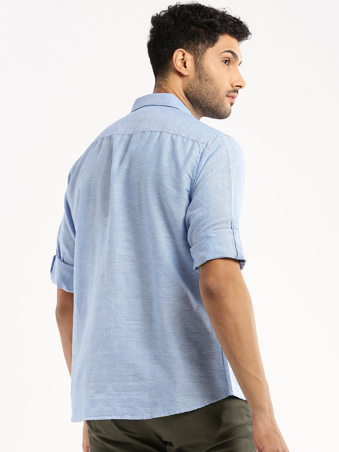 Men's Blue Solid Shirt Collar Casual Short Shirt