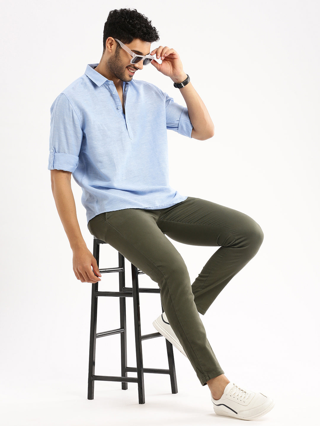 Men's Blue Solid Shirt Collar Casual Short Shirt