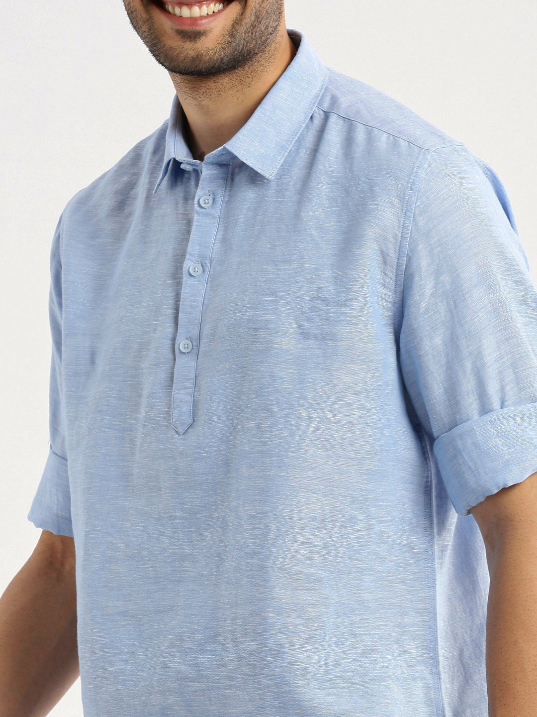 Men's Blue Solid Shirt Collar Casual Short Shirt