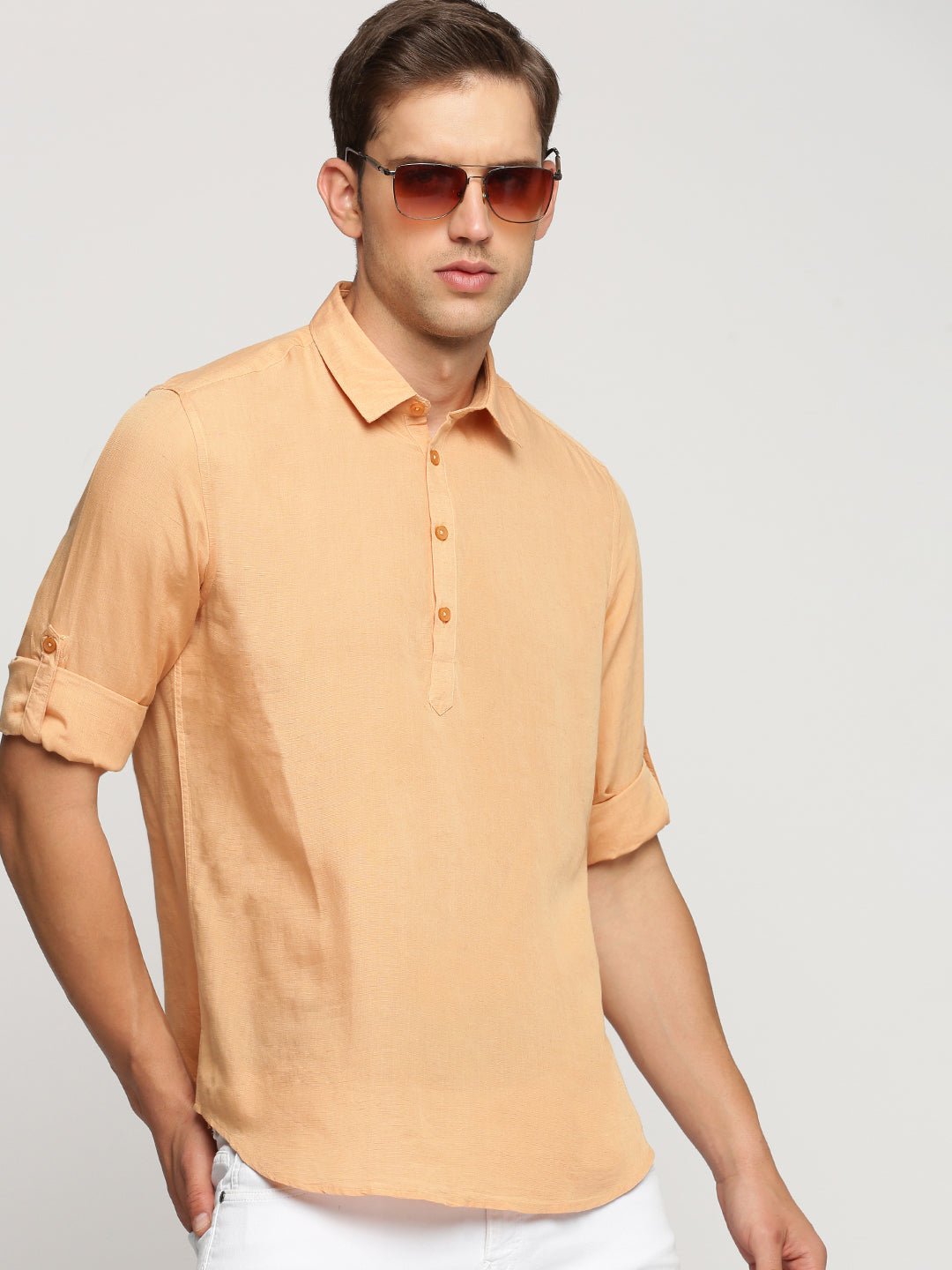 Men Orange Solid Shirt Collar Casual Short Kurta