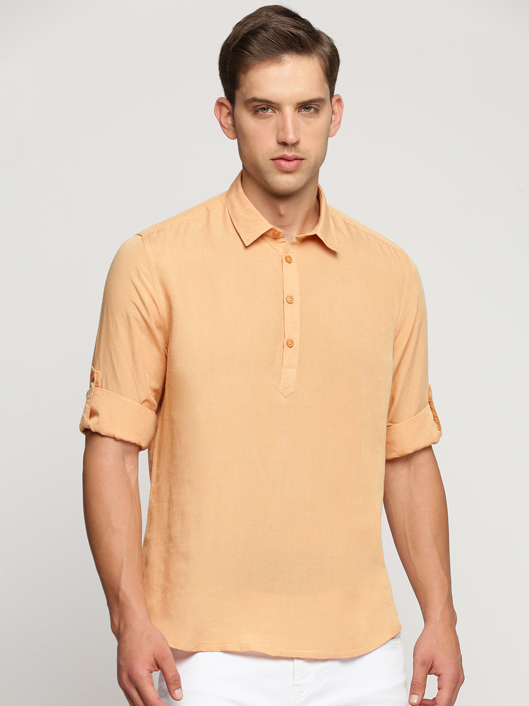 Men Orange Solid Shirt Collar Casual Short Kurta