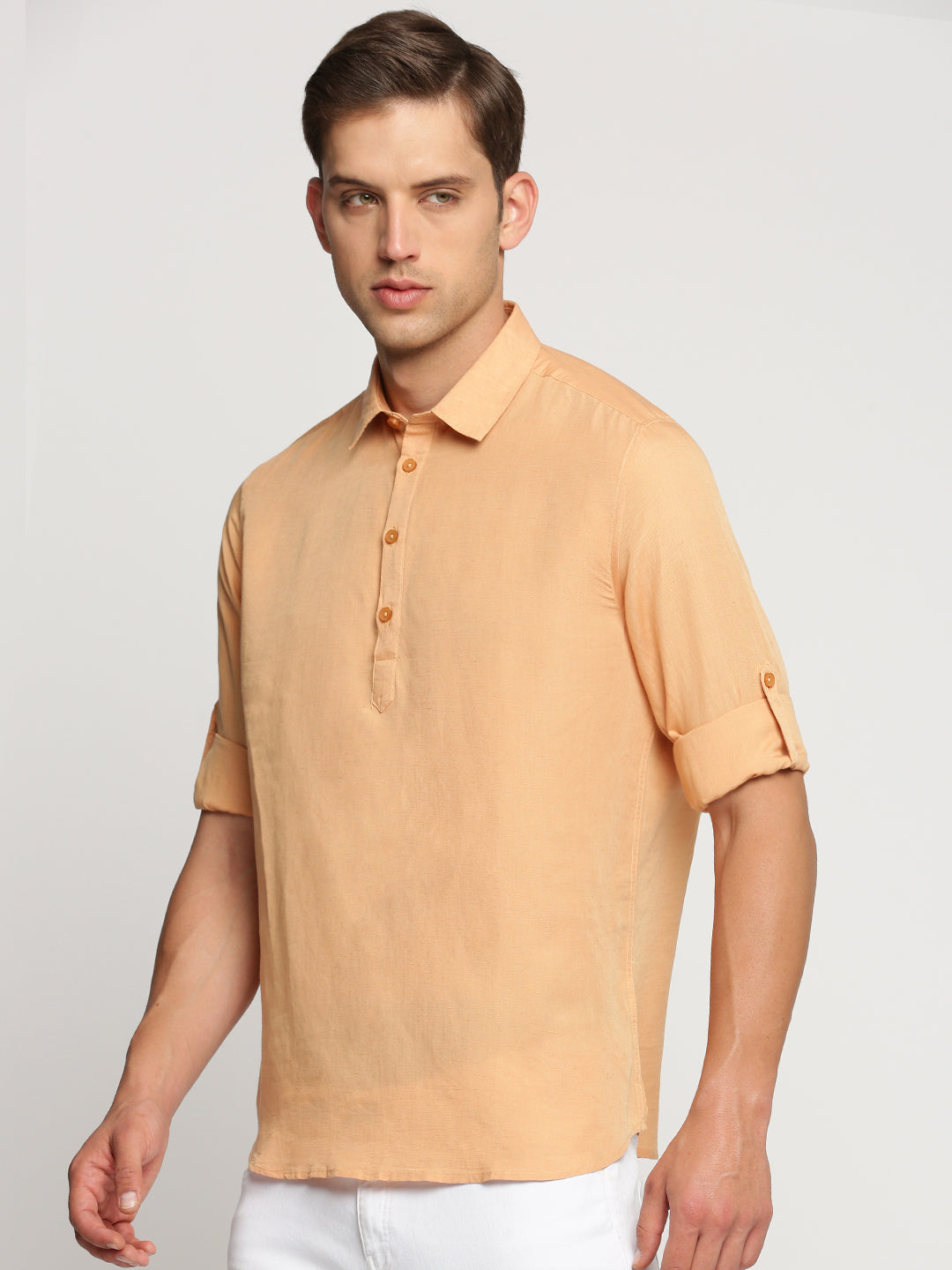 Men Orange Solid Shirt Collar Casual Short Kurta