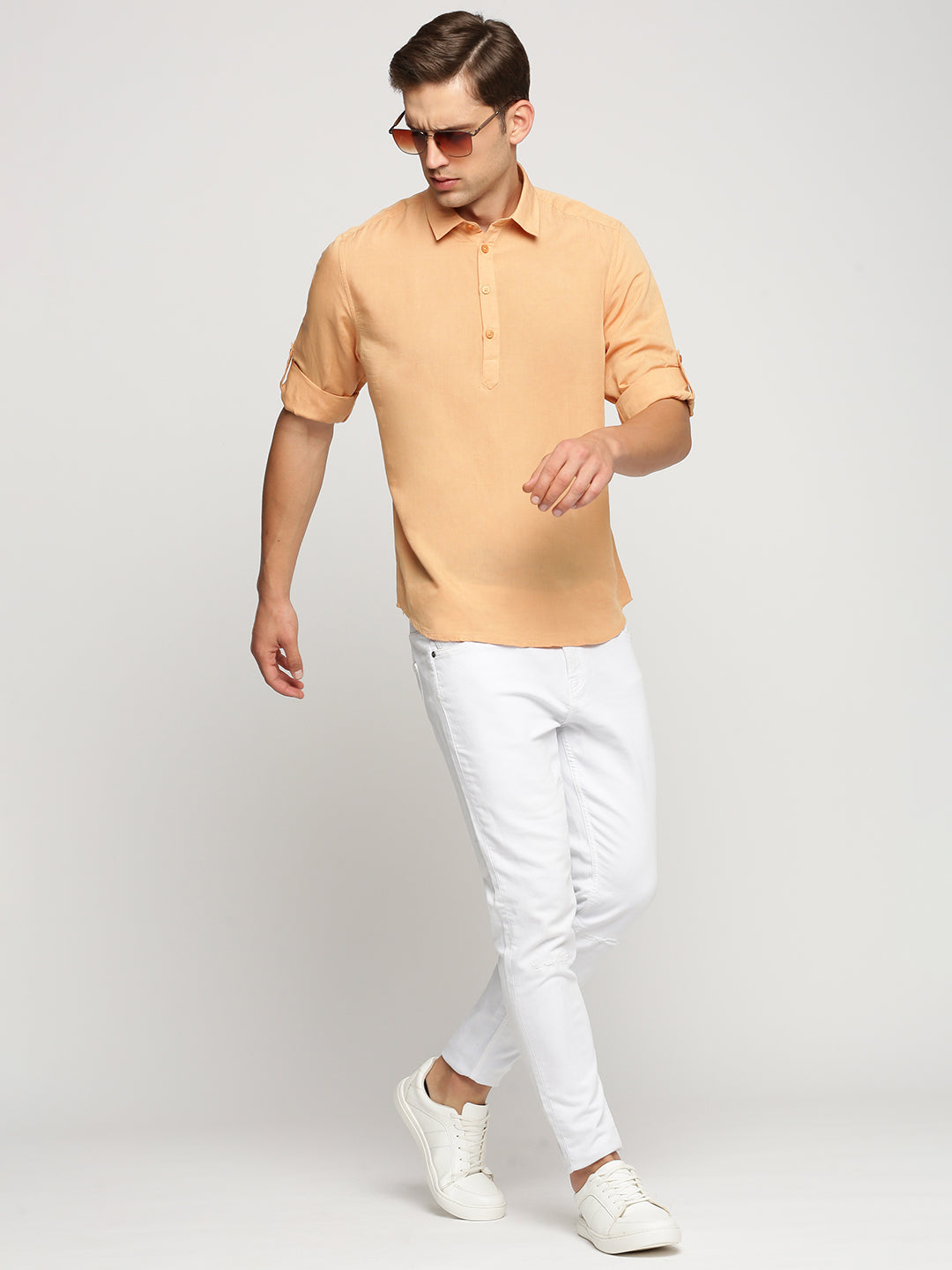 Men Orange Solid Shirt Collar Casual Short Kurta