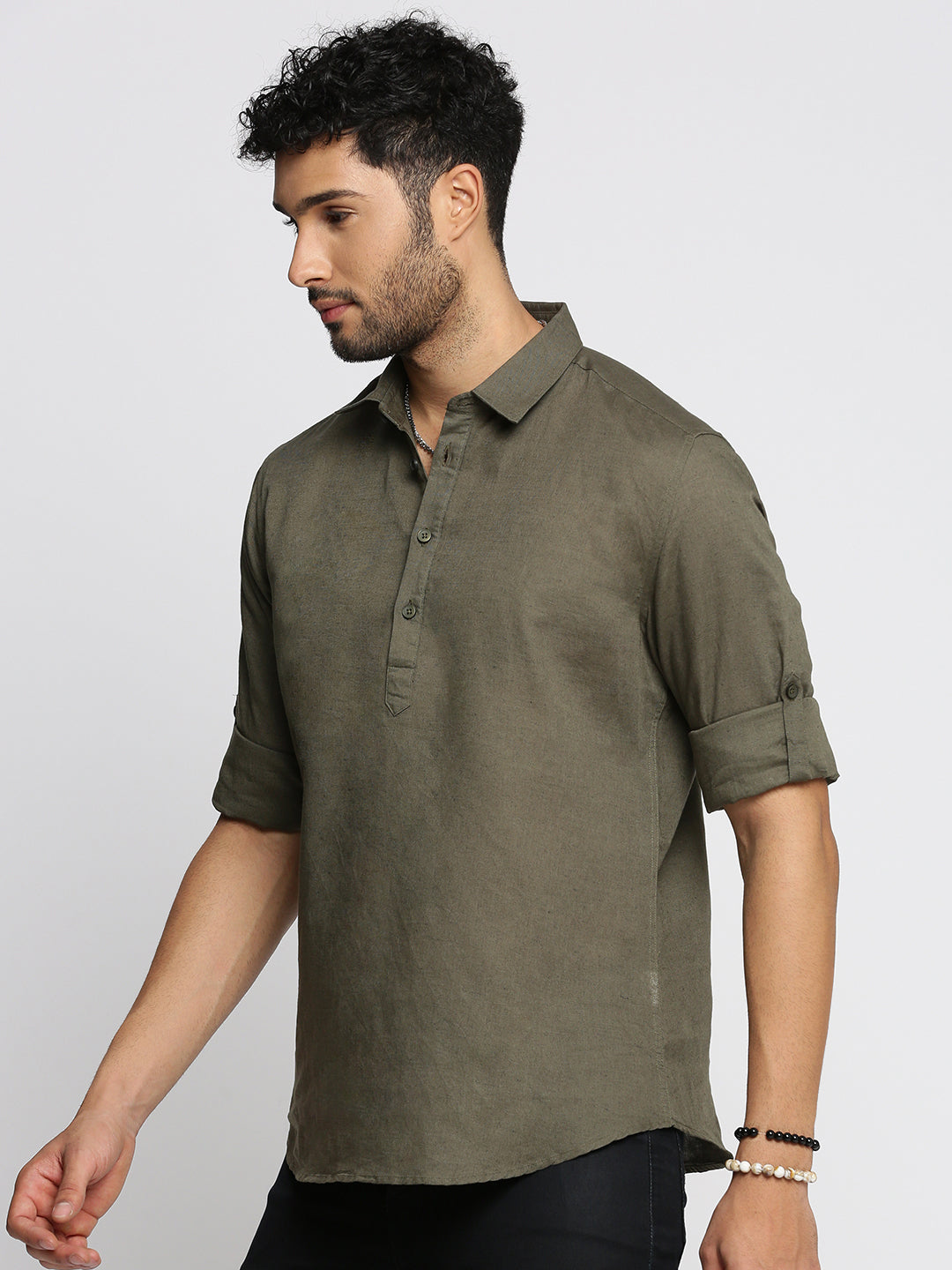 Men Olive Solid Shirt Collar Casual Short Kurta