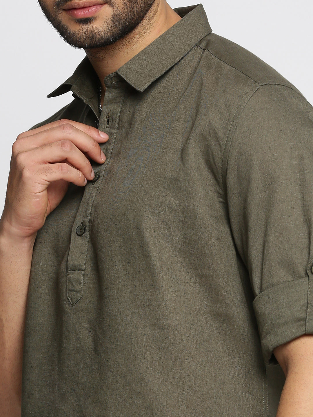 Men Olive Solid Shirt Collar Casual Short Kurta