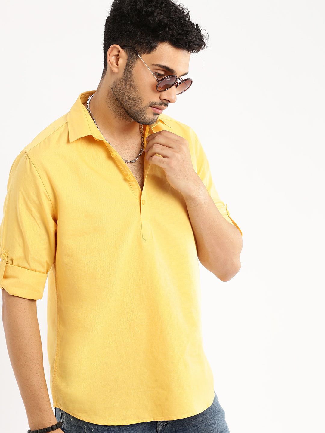 Men's Yellow Solid Shirt Collar Casual Short Shirt