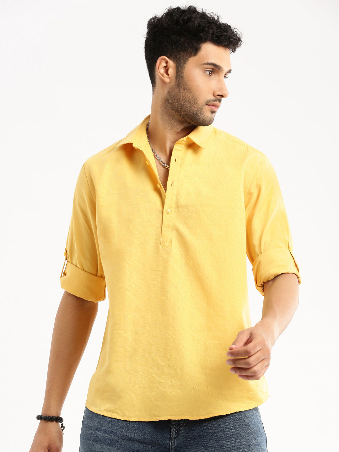 Men's Yellow Solid Shirt Collar Casual Short Shirt