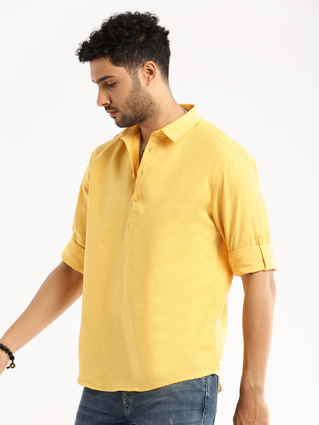 Men's Yellow Solid Shirt Collar Casual Short Shirt