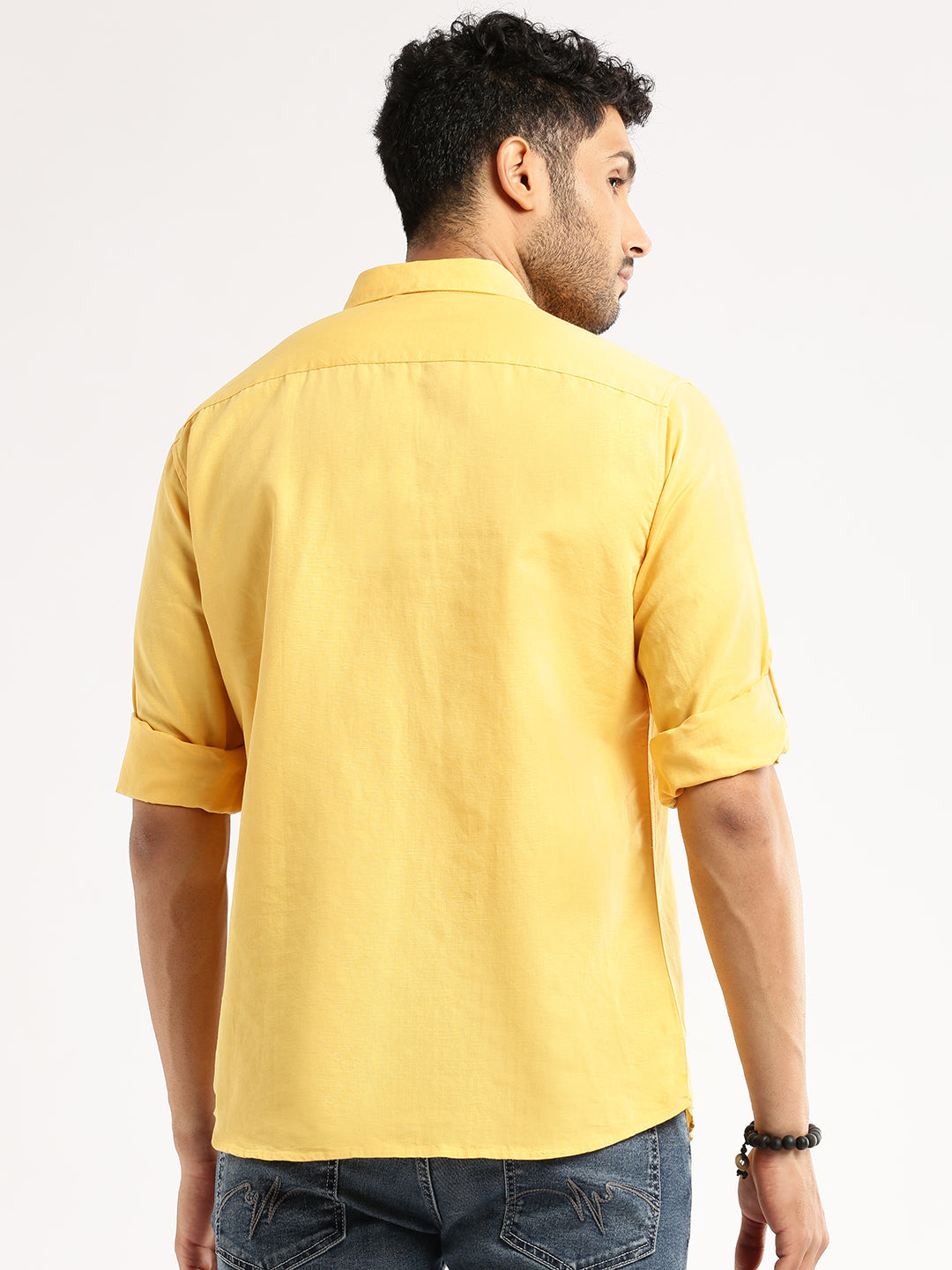 Men's Yellow Solid Shirt Collar Casual Short Shirt