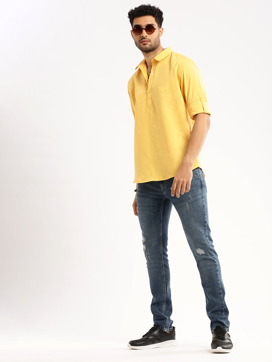 Men's Yellow Solid Shirt Collar Casual Short Shirt