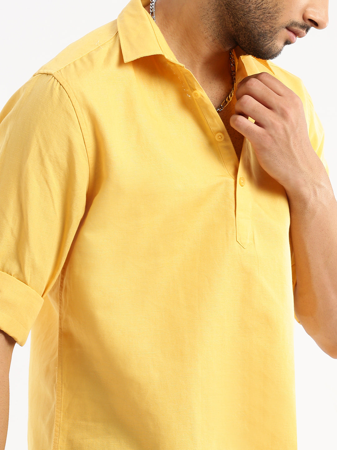 Men's Yellow Solid Shirt Collar Casual Short Shirt