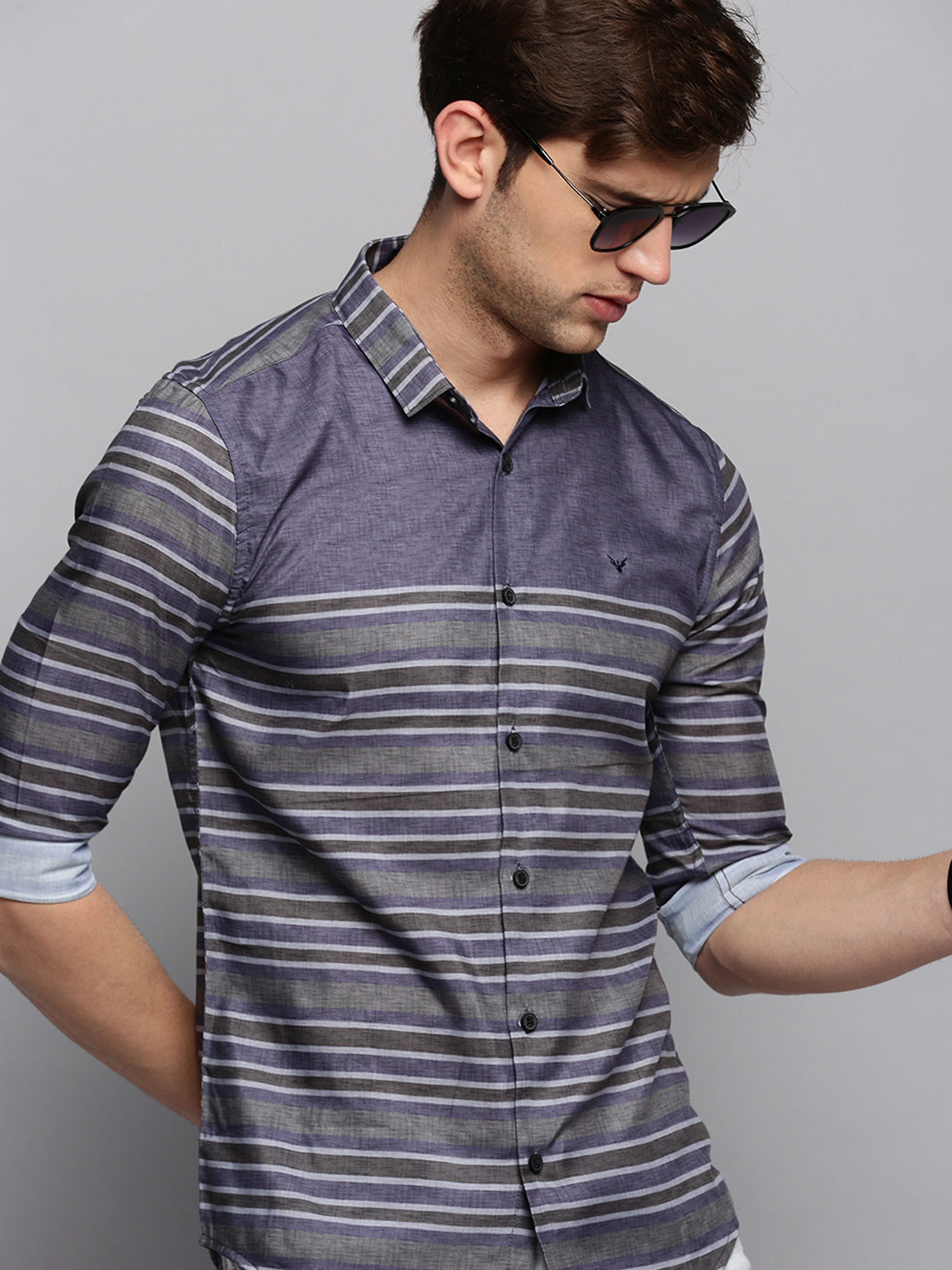 Men Grey Striped Casual Shirt