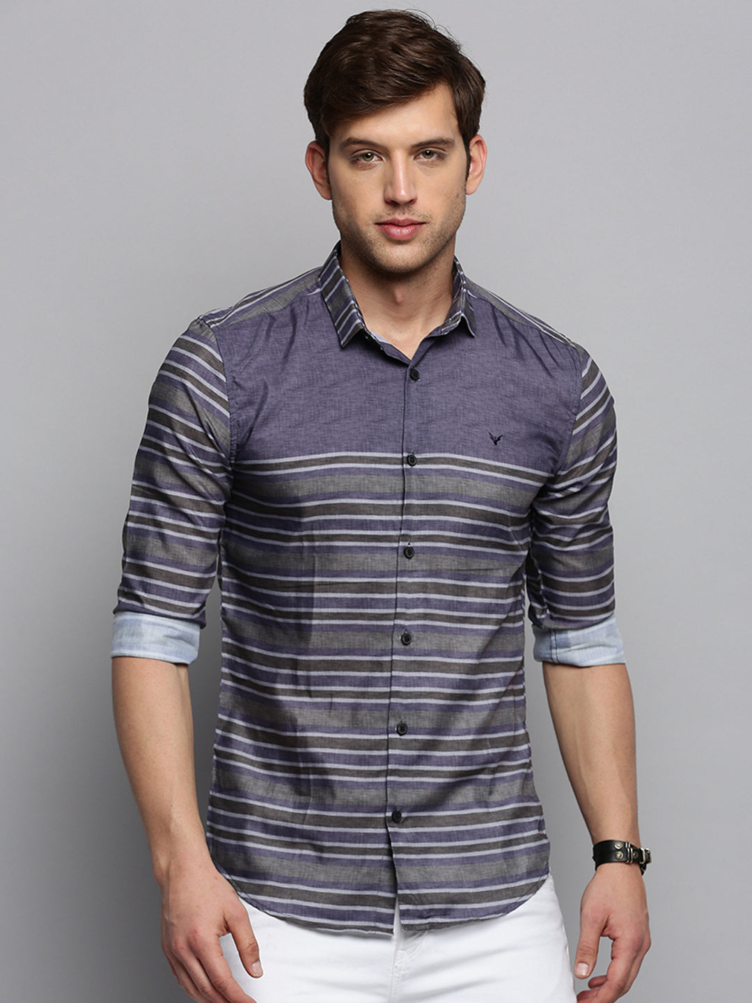 Men Grey Striped Casual Shirt