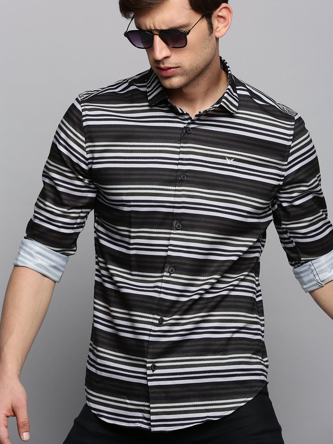 Men Green Striped Casual Shirt