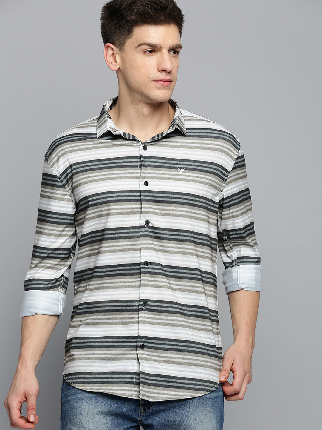 Men Green Striped Casual Shirt