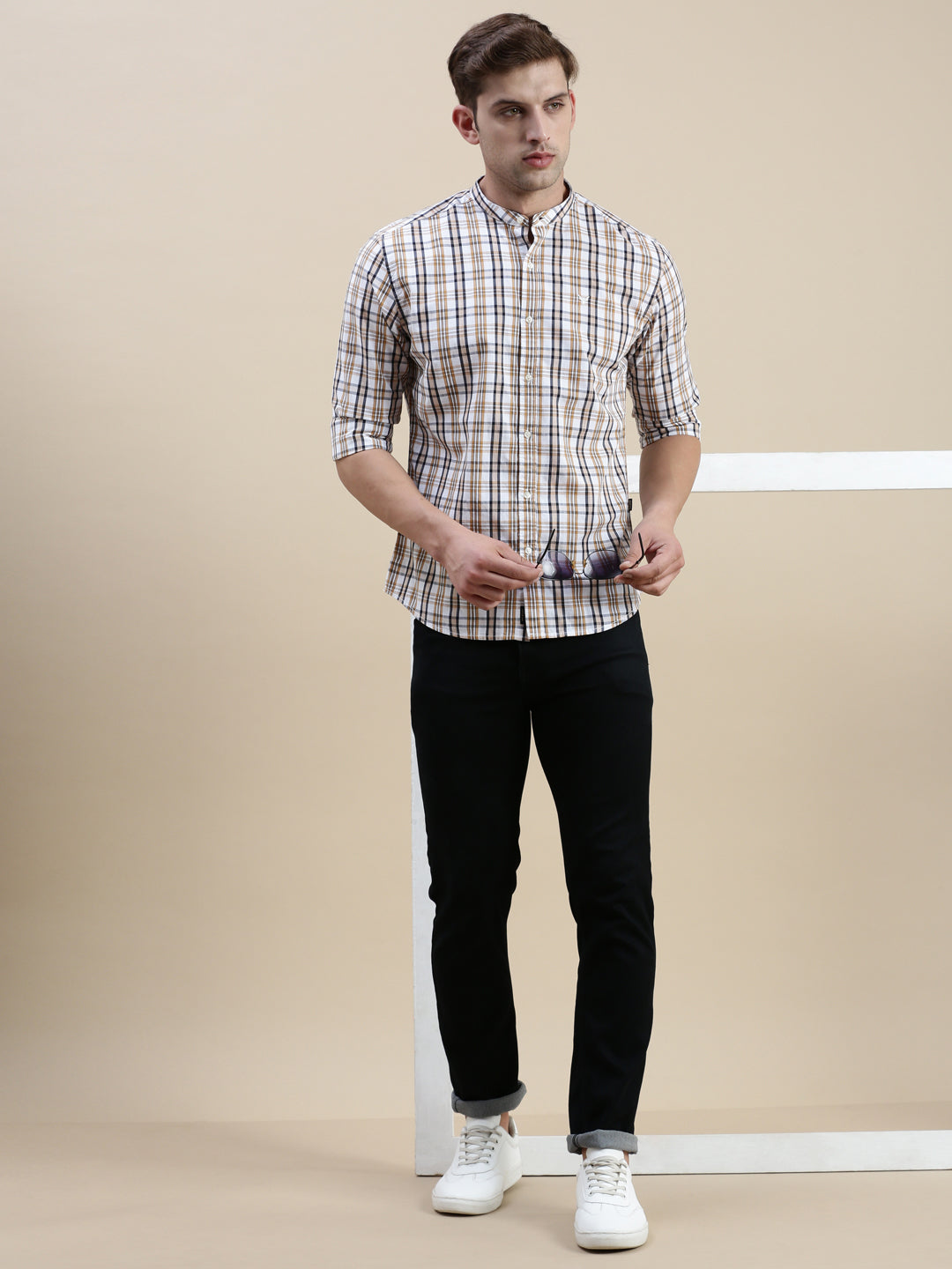 Men White Checked Casual Shirt