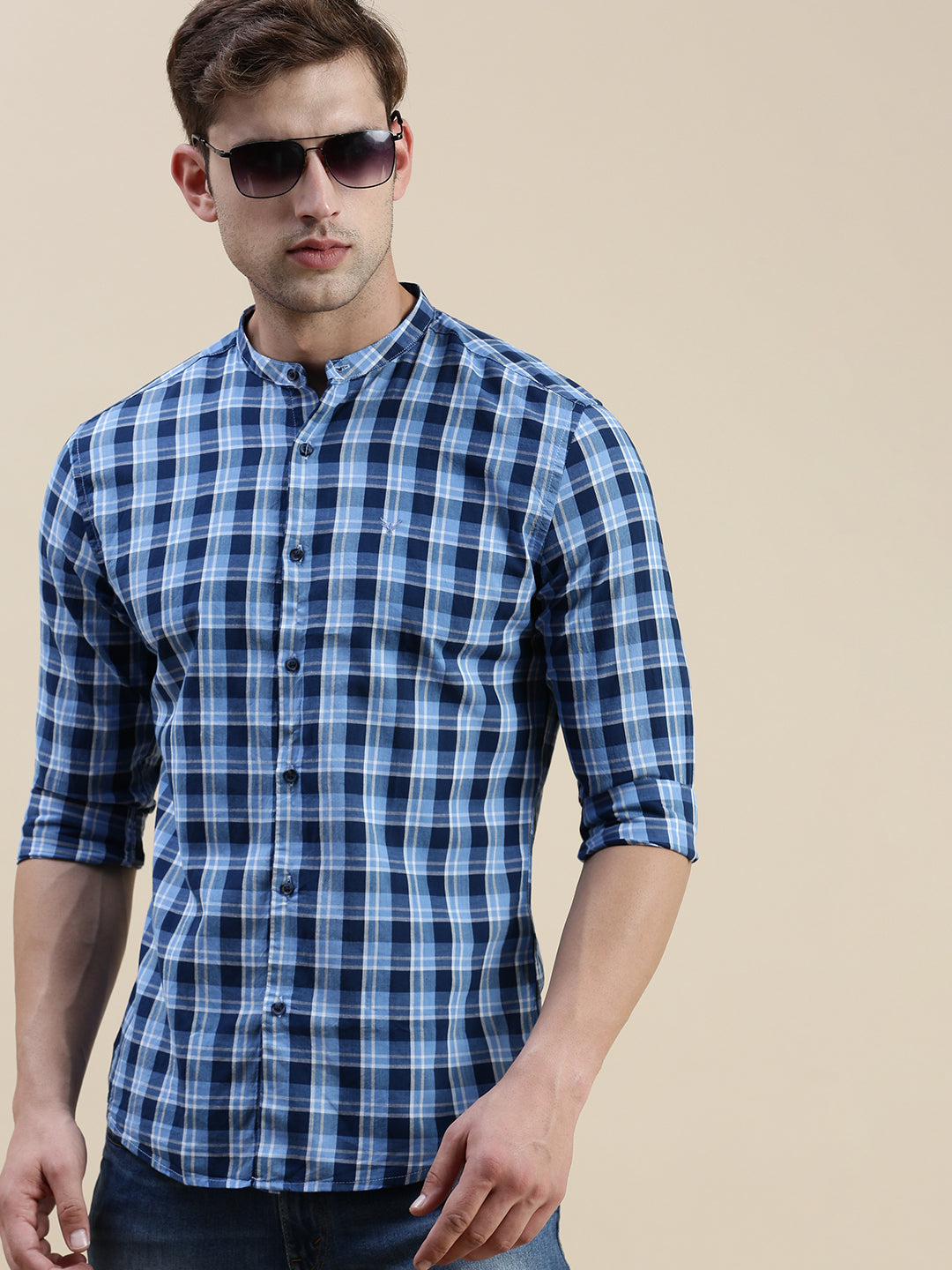 Men Blue Checked Casual Shirt