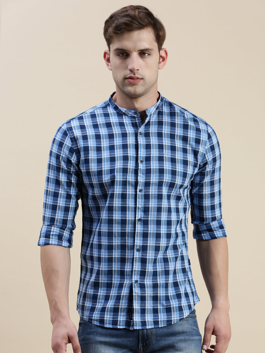 Men Blue Checked Casual Shirt