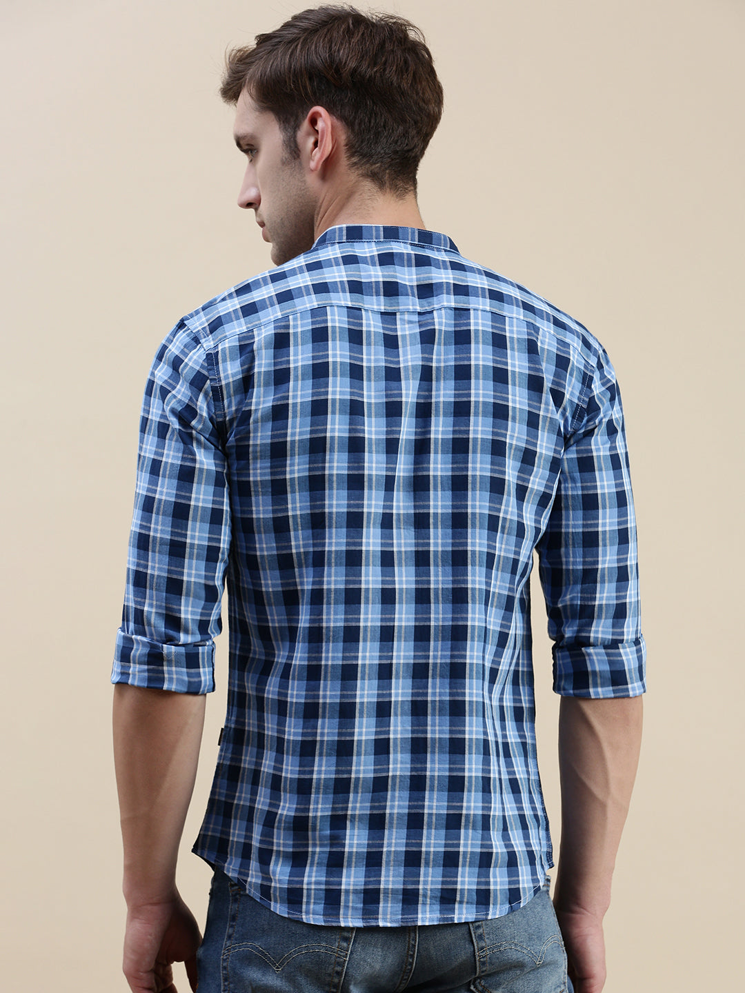 Men Blue Checked Casual Shirt