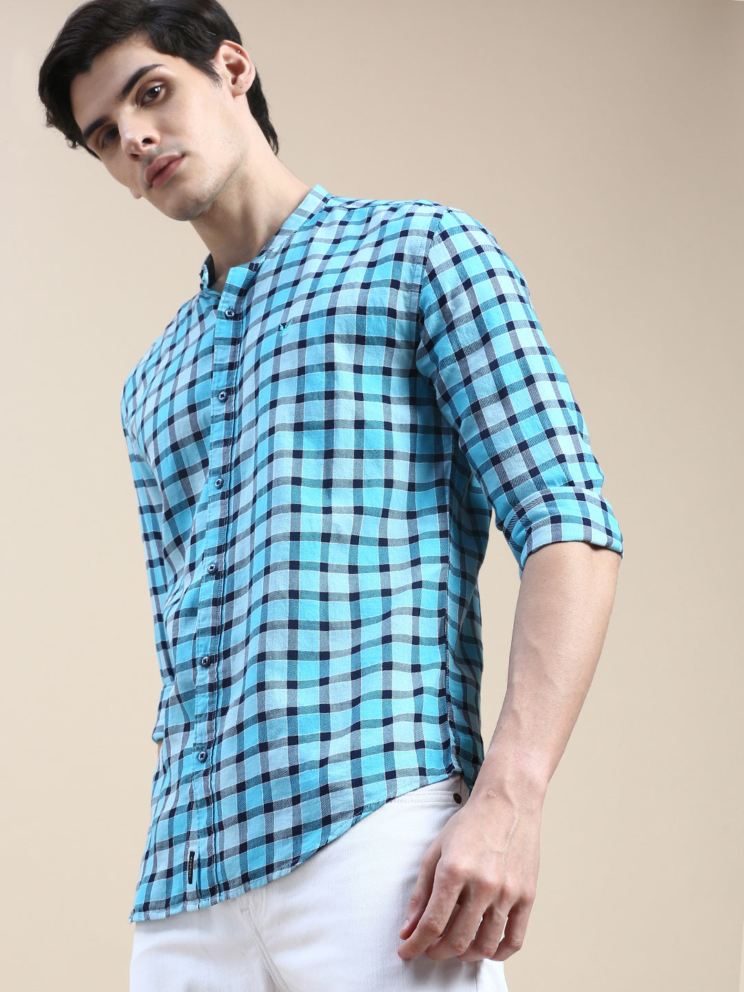 Men Blue Checked Casual Shirt