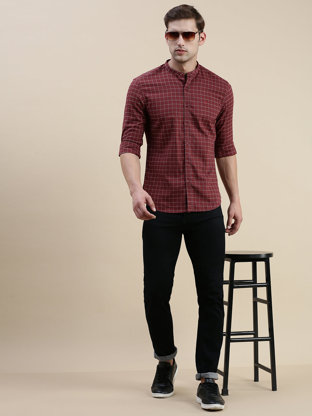 Men Maroon Checked Casual Shirt