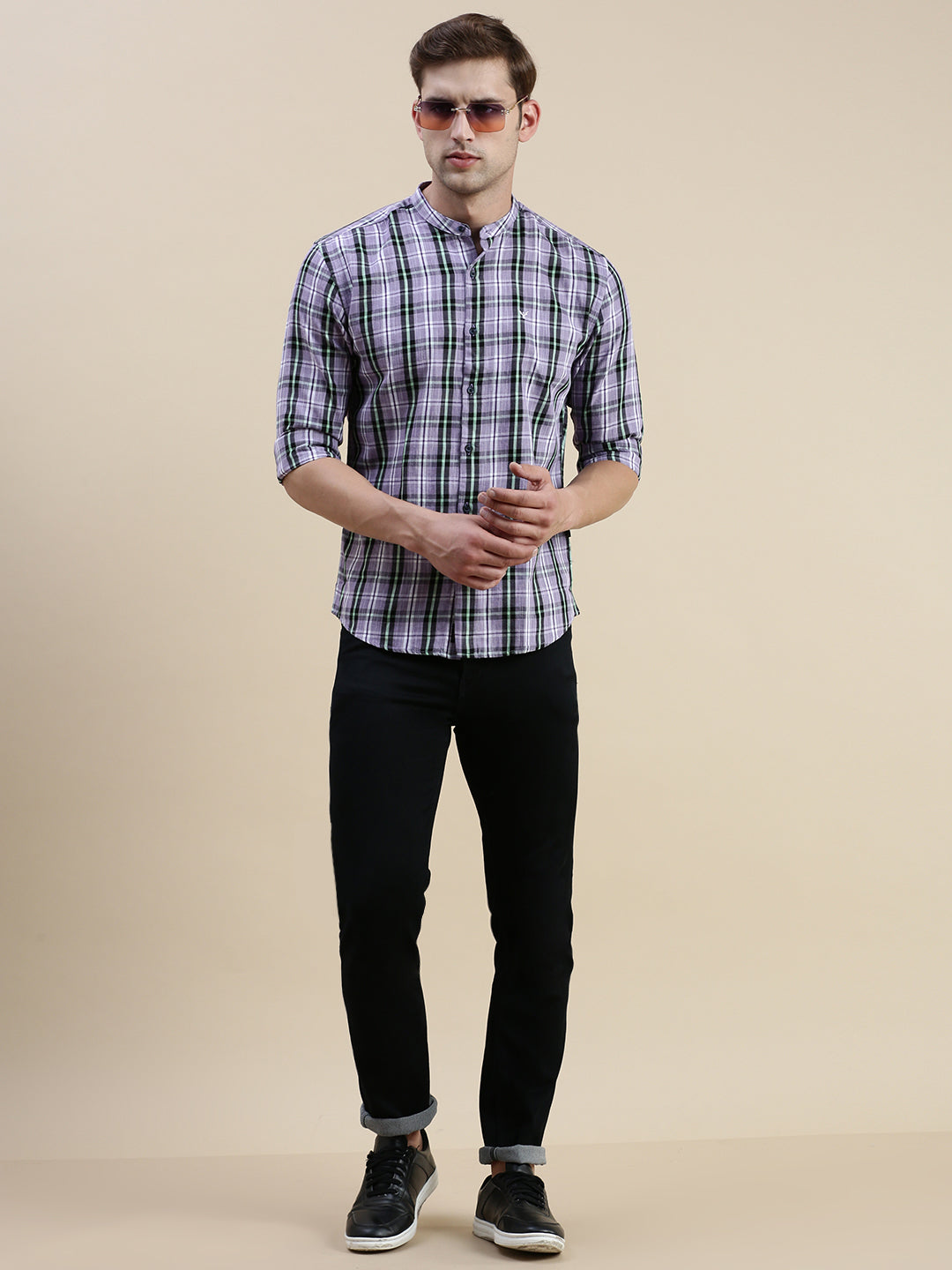 Men Purple Checked Casual Shirt