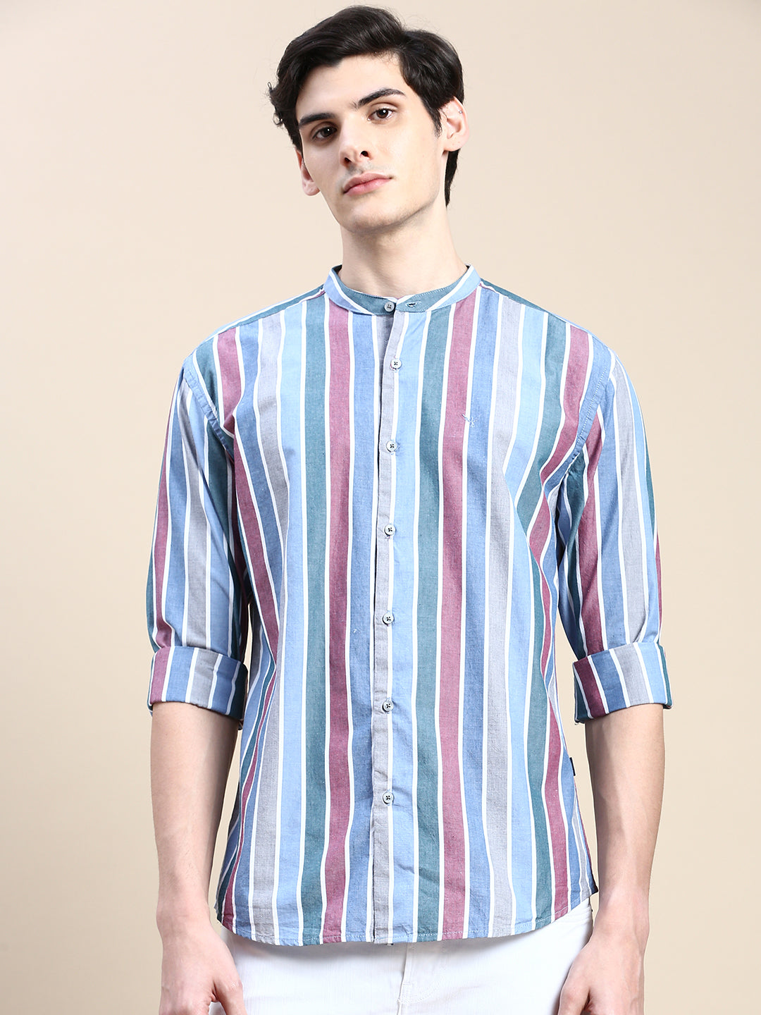 Men Blue Striped Casual Shirt