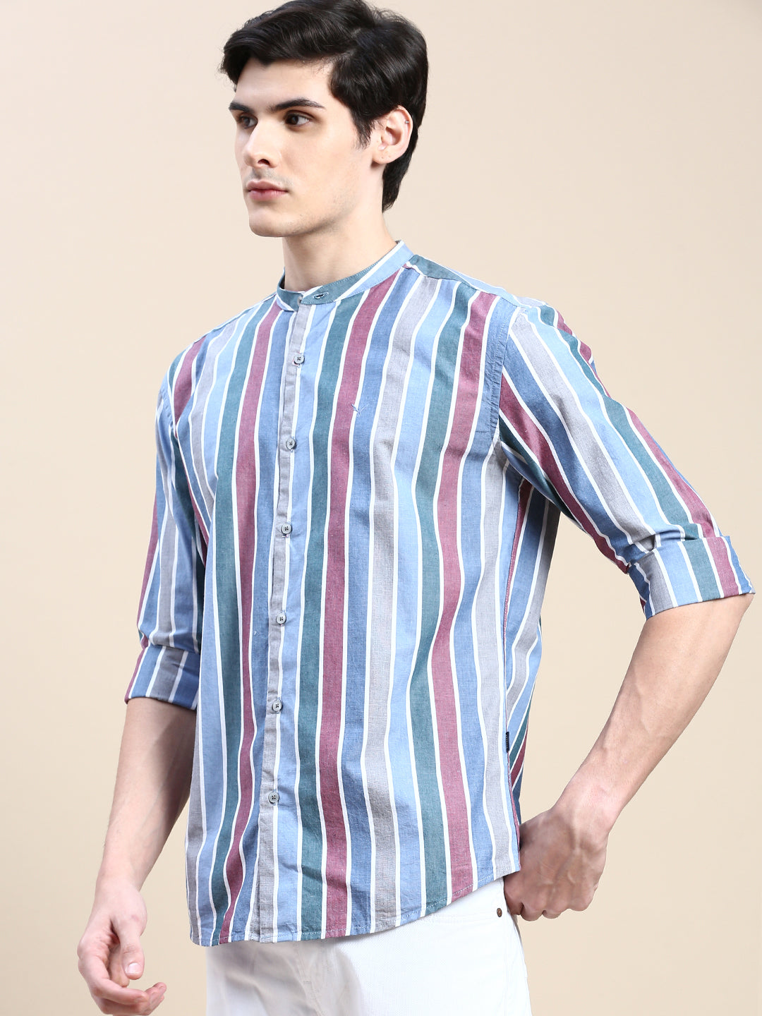 Men Blue Striped Casual Shirt