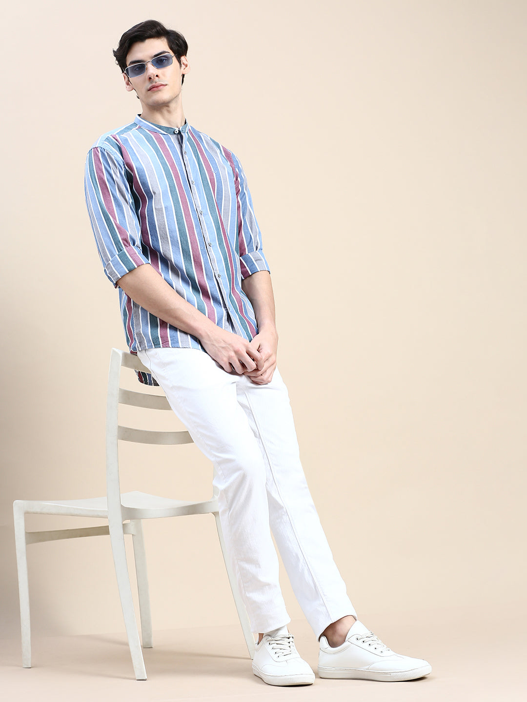 Men Blue Striped Casual Shirt