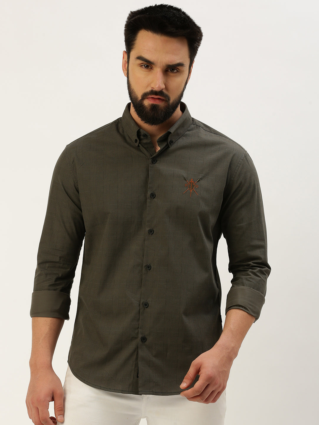 Men Grey Checked Casual Shirt