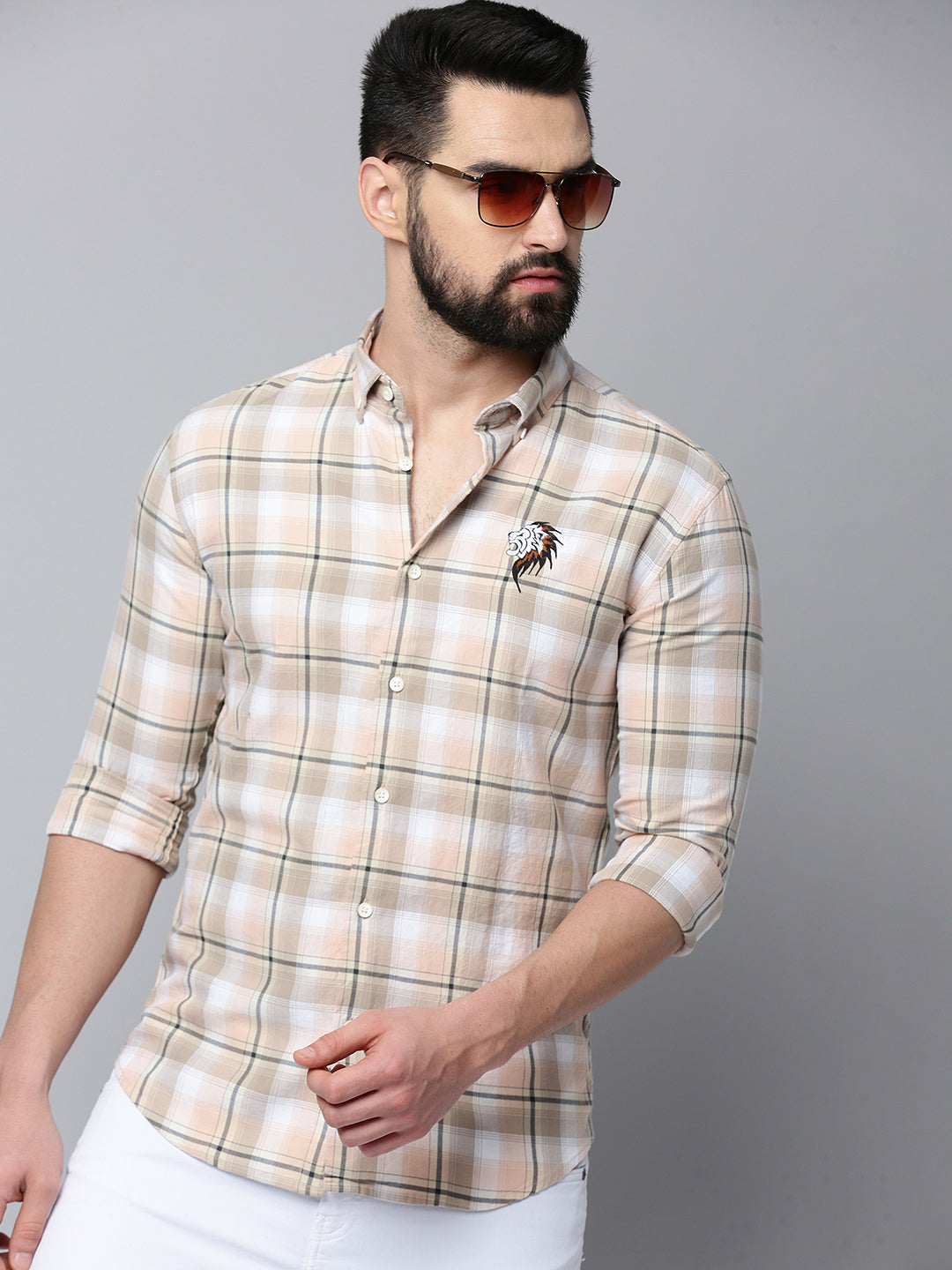 Men Beige Checked Casual Shirt