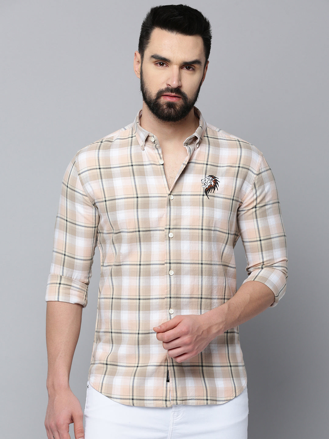 Men Beige Checked Casual Shirt